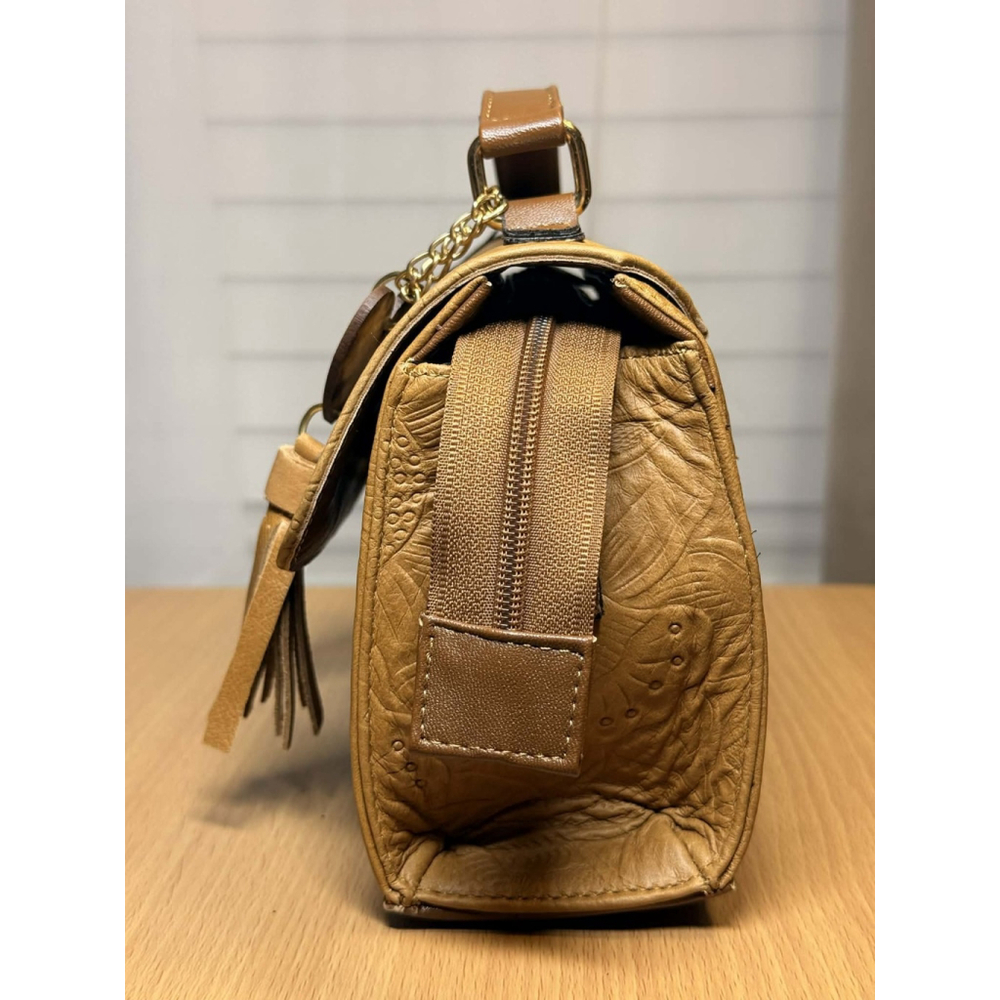 Camel Beige Sunflower Embossed Tooled Artisan LEATHER Crossbody bag Purse - Picture 7 of 16